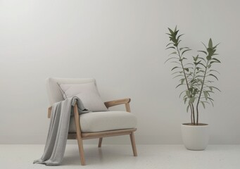 Minimalist interior with comfortable armchair, soft blanket, and green plant in a pot on a white wall background. Peaceful space for relaxation and rest