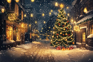 Illustration of snowy city street with decorated Christmas tree with lights