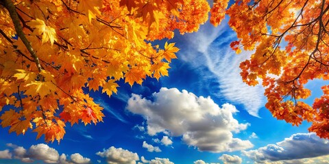 Sticker - A canopy of vibrant yellow and orange autumn leaves frames a cerulean sky adorned with fluffy white clouds