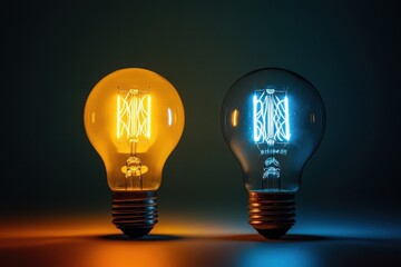 Two light bulbs glow with warm and cool light.