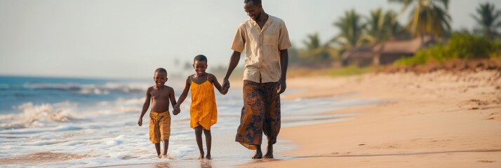 African family on beach walk, Generative AI