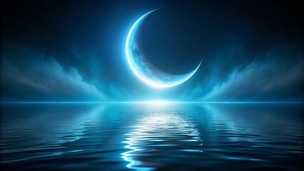 Wall Mural - A celestial crescent moon illuminating a tranquil sea under a star-studded night sky, reflecting its ethereal glow upon the rippling water.