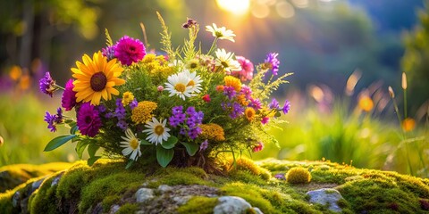 Poster - A vibrant bouquet of wildflowers rests on a mossy rock, bathed in the golden glow of the setting sun, showcasing the beauty of nature's delicate artistry.