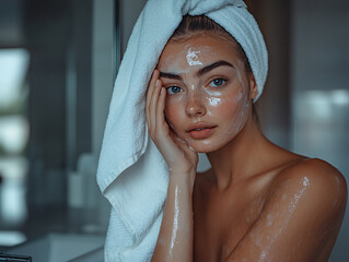 woman in towel applying cream on face