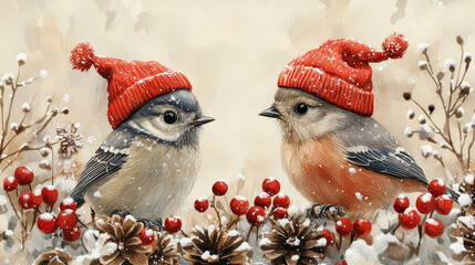 Cute Animal and Bird in Red Hat Watercolor Drawing