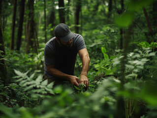 A man in a gray cap and shirt is crouched down in a lush green forest, carefully examining a plant. The dense foliage surrounds him, creating a serene and natural atmosphere.