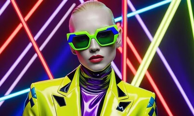 Canvas Print - Fashion model showcases vibrant neon style in artistic photoshoot, emphasizing bold colors and futuristic design