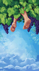 A whimsical illustration featuring a pair of bare feet hanging from lush green grapevines, with clusters of dark purple grapes.