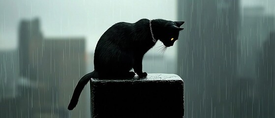 A mysterious black cat with glowing yellow eyes perched in the rainy urban landscape a stunning image