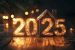 © MASmaker - 3d gold number 2025 is next to the house on a dark background. new year real estate concept