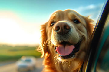 Wall Mural - Golden Retriever Looking Out Of Car Window