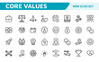 © artnazu - Core Values outline icons set. Core, values, business, leadership, goals, target, client, quality, success, responsibility and quality.