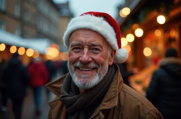 Portrait of a happy elderly man in a red Santa Claus hat on the street of an evening city decorated for Christmas. Happy man 70 years old at Christmas