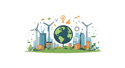 green environment and sustainable development with urban skyline and wind turbines illustrating eco-