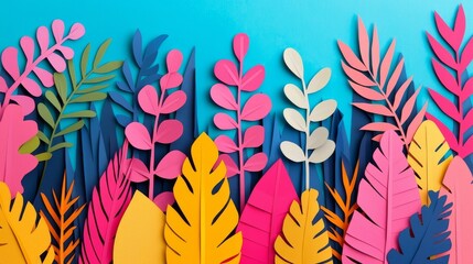 Wall Mural - Colorful Paper Cutout Tropical Leaves on Blue Background.