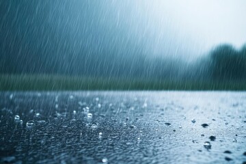 Close-up view of raindrops splashing on a wet surface, creating a serene atmosphere of a rainy day amidst nature's beauty.