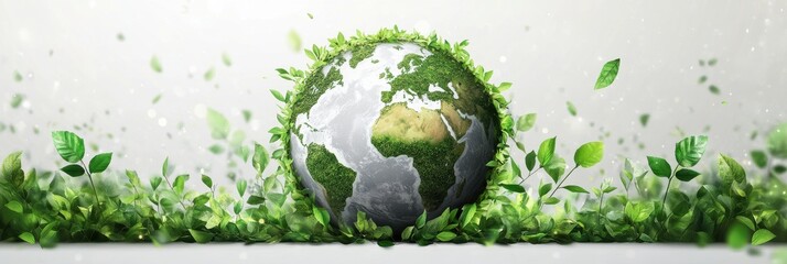 Earth embraced by lush green leaves and vines symbolizing environmental harmony and sustainability