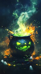 Spooky cauldron bubbling with green magic in an eerie Halloween setting.