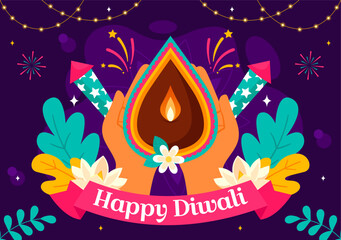 Wall Mural - Diwali Festival of Lights Vector Illustration featuring Traditional Indian Rangoli Decoration, Festive Lamp and Fireworks in a Holiday Flat Background