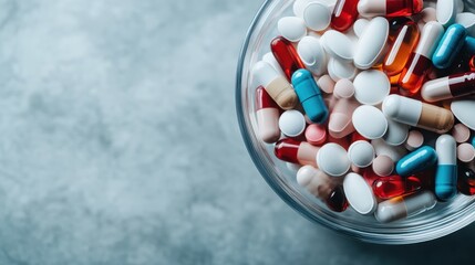 A diverse selection of colorful pills and capsules overflowing from a clear bowl, set against a textured gray background, depicting health and medication themes.