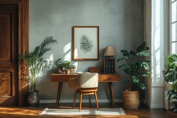 Modern home office with a minimalist design, featuring a wooden desk with decorative items, a chair, and potted plants. A doorway reveals a cozy adjoining room. Home decor, Generative AI