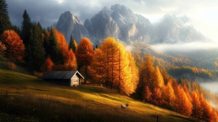 autumn mountain misty valley with a house and a horned animal on it