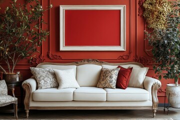 Warm and cozy living room interior with red mock up poster frame, copy space, stylish beige sofa, patterned pillow, coffee table and personal accessories. Home decor, Generative AI