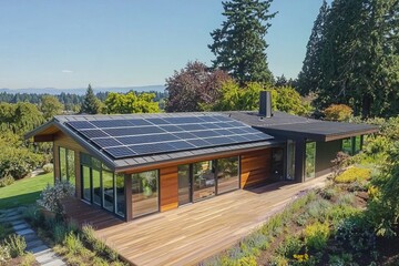 Wall Mural - Discuss how solar panels can power sustainable homes. Explore the long-term savings and environmental benefits of solar energy