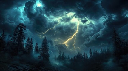 A stunning view of lightning arcing through storm clouds over a dark forest, illuminating the trees and sky with intense, electric energy