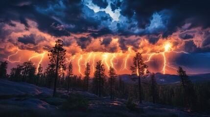 A stunning view of lightning arcing through storm clouds over a dark forest, illuminating the trees and sky with intense, electric energy