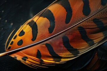 Single pheasant feather laying on a black surface showing intricate orange and black details