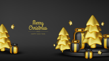 Wall Mural - Merry Christmas and happy new year background. Christmas tree, Gift boxes, Christmas balls. Christmas element for web, banners, greeting card, template design.