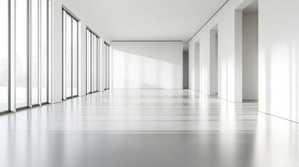 A wide-angle view of an empty modern office building with large windows and white walls