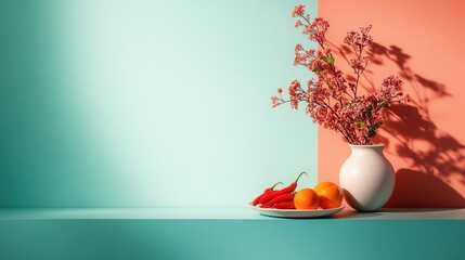 A creative display featuring bright red peppers, oranges, and intricate floral arrangements set against blue and orange blocks, highlighting balance and vitality.