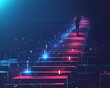 © HiSea - 4. Career path visualized as ascending steps with milestones labeled as skills, glowing indicators highlighting progress, minimalist style