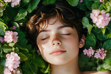 A young woman is laying in a bed of flowers