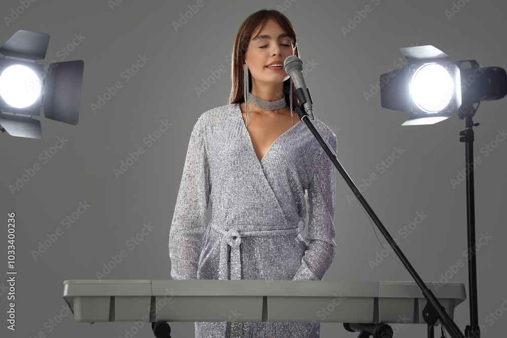 Beautiful singer with microphone playing synthesizer and glowing lamps on grey background