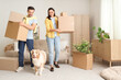 © Pixel-Shot - Young couple carrying boxes with Australian Shepherd dog in room on moving day