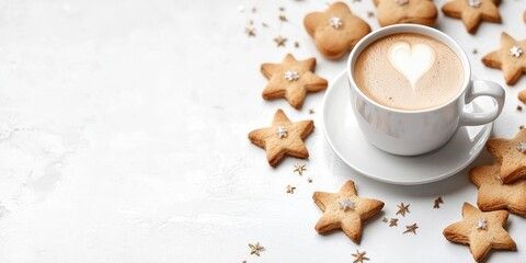 Aufkleber - Morning white coffee cup, biscuits Glazed stars and Christmas ornaments, on a high-key white background, copy space.