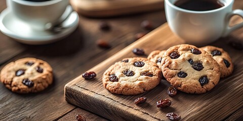 Poster - Coffee cookies with raisins on a wooden table.