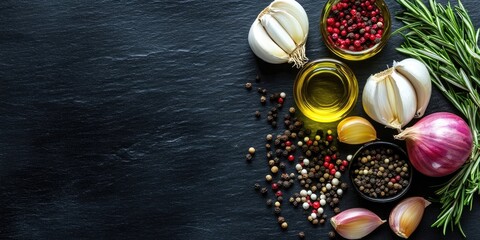 Poster - Selection of cooking spices for dinner - garlic, onions, red, black, and white pepper, rosemary, flavored oil, on a black table, top view, copy space.