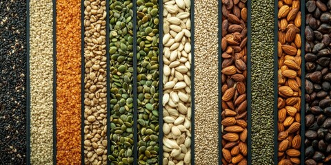 Canvas Print - Keto diet. Rows of vegetable seeds and nuts. Clear space from a top view.