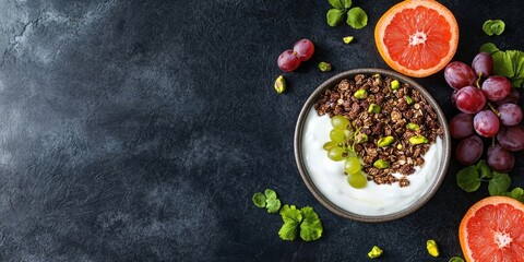 Aufkleber - Seasonal nutritious breakfast: yogurt, chocolate granola, pink grapefruit, grapes, pistachios Top view Copy space