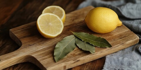 Poster - Fresh bay leaves and a lemon are placed on a wooden cutting board.