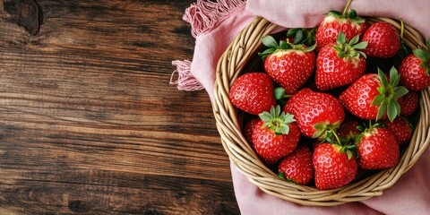 Poster - Fresh organic ripe strawberries. Sweet summer harvest fruit in a rustic style. Arranged on a wicker basket with a pink cloth napkin, set against a wooden board background, flat lay, copyspace.