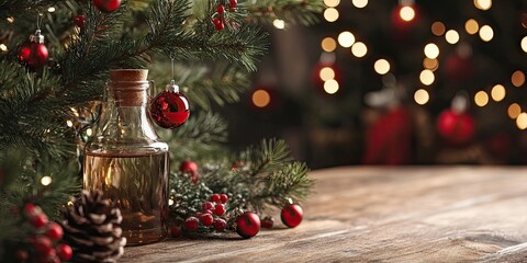 Poster - Christmas branch and small decorated bottles in the background