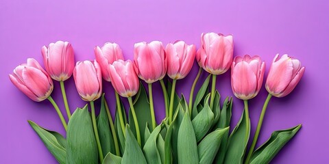 Aufkleber - Bouquet of pink tulips on a purple background with copyspace. Top view. Flat lay. Vertical image.