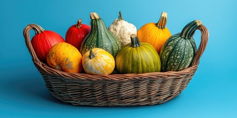 Poster - Creative fall food concept featuring vegetables. A basket contains various types of pumpkins set against a blue background. Pumpkins on a blue backdrop. Autumn vegetables.