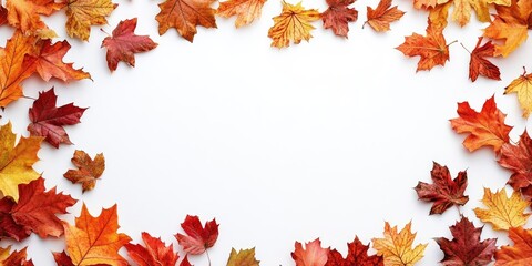 Fototapete - Autumn theme. Leaves set against a white background creating a frame. Flat lay with copy space.