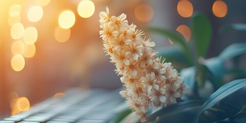 Aufkleber - Abstract soft blur and gentle focus of Indian cork flower, Millingtonia hortensis, Bignoniaceae, accompanied by a keyboard and bokeh backdrop.